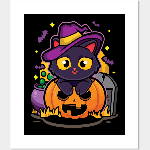 Cute Halloween Pumpkin Cat Wall Art by ultraelectrogalacticshop